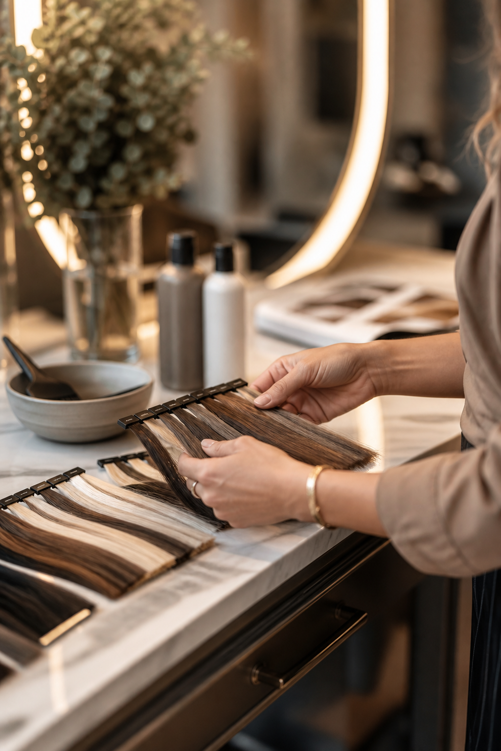 Salon color consultation with hair swatches and warm light