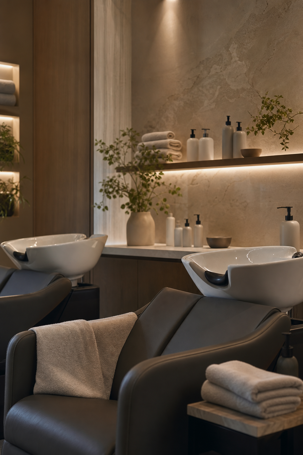 Serene salon shampoo and treatment area
